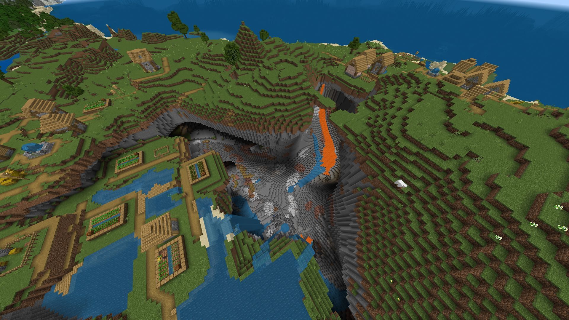 A sinkhole separates two modest villages in this seed (Image via Minecraft & Chill/YouTube)